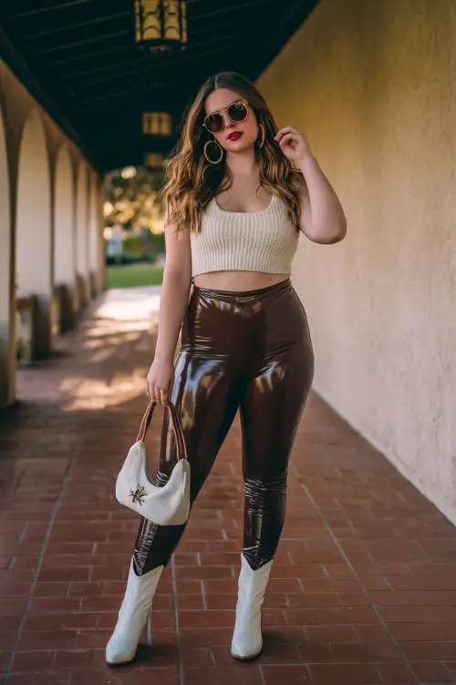 A curvy woman wears high-waisted faux leather leggings styled with white cowboy boots, a cropped knit top, and statement hoop earrings