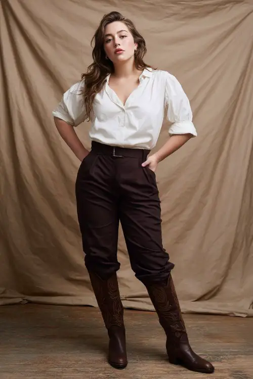 A curvy woman wears high-waisted trousers tucked into dark brown tall cowboy boots with a white silk blouse