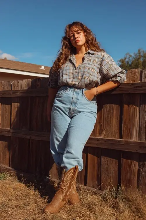 A curvy woman wears light-wash high-waisted jeans with embroidered tall cowboy boots and a plaid flannel shirt (2)