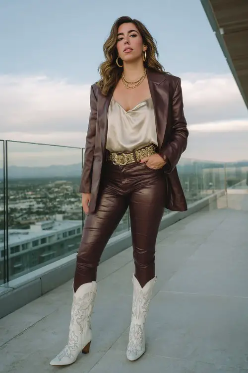 A curvy woman wears ribbed leggings with cream short cowboy boots, a chunky oversized cardigan layered over a simple tee