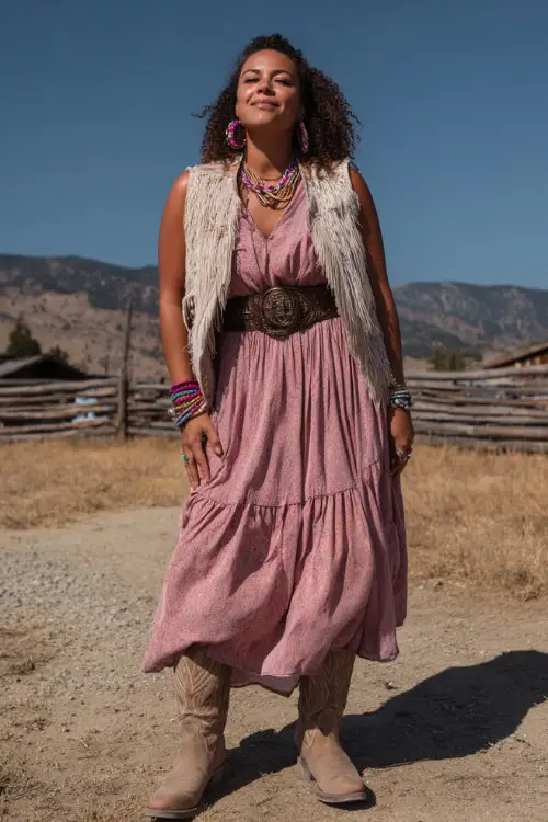 A curvy woman wears soft rose cowboy boots with a tiered boho maxi dress and wide western belt, layered with a fringe vest and chunky bracelets