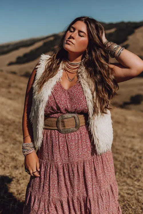 A curvy woman wears soft rose cowboy boots with a tiered boho maxi dress and wide western belt, layered with a fringe vest and chunky bracelets