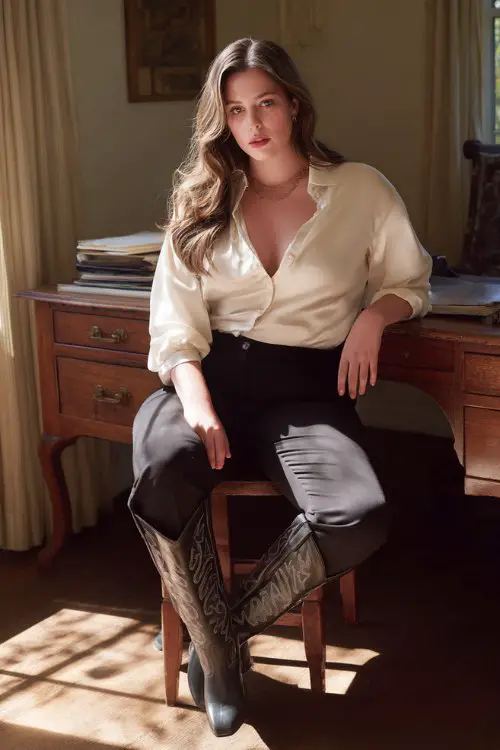 A curvy woman wears tailored black trousers tucked into sleek tall cowboy boots with a tucked-in cream blouse