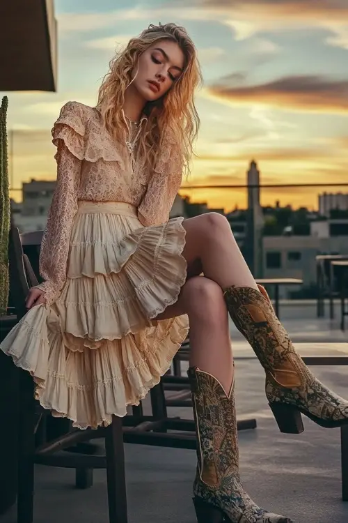 A modern boho look with a tiered skirt, lace top, and patterned cowboy boots