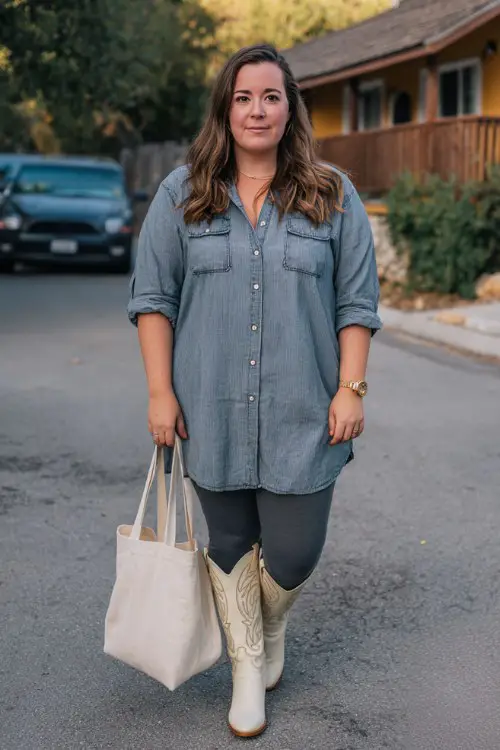 A plus-size woman wears a casual shirt dress layered over ribbed leggings with cream cowboy boots, styled with a tote bag, photographed on a quiet suburban street
