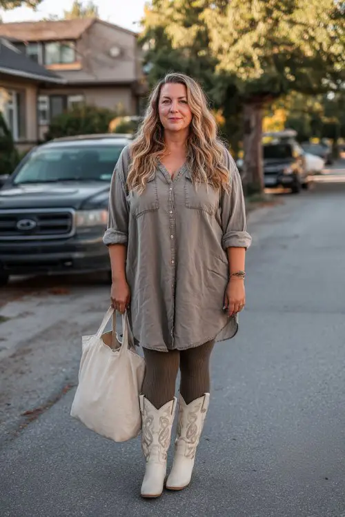 A plus-size woman wears a casual shirt dress layered over ribbed leggings with cream cowboy boots, styled with a tote bag, photographed on a quiet suburban street
