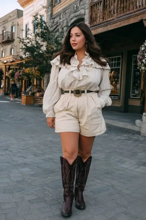 A plus-size woman wears beige paperbag shorts with dark brown tall cowboy boots and a tucked-in ruffled blouse