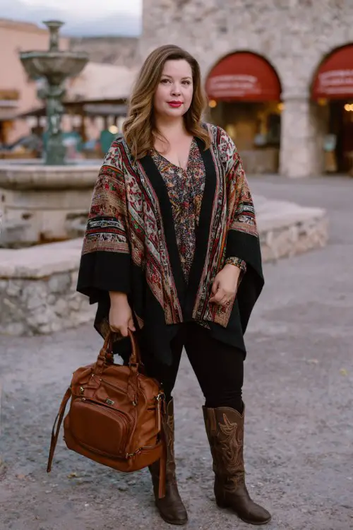 A plus-size woman wears black leggings with cowboy boots, a wool cape coat layered over a patterned blouse and fitted knit base layer, finished with a leather handbag