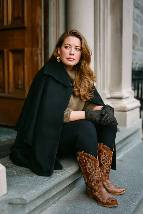 A plus-size woman wears black leggings with richly detailed cowboy boots, a tailored cape coat over a soft sweater