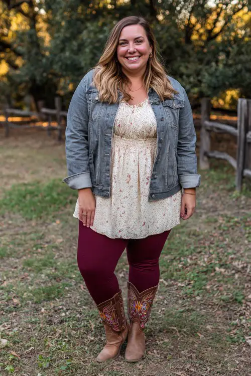 A plus-size woman wears burgundy leggings with a soft tunic top, denim jacket, and embroidered cowboy boots