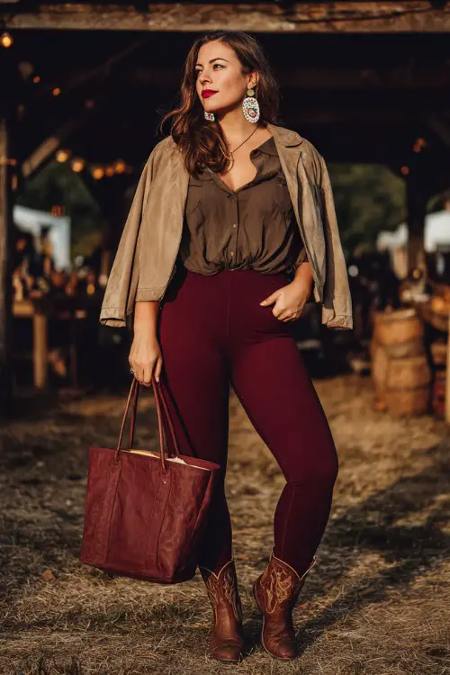 A plus-size woman wears burgundy leggings with brown short cowboy boots, a cropped suede jacket layered over a relaxed blouse