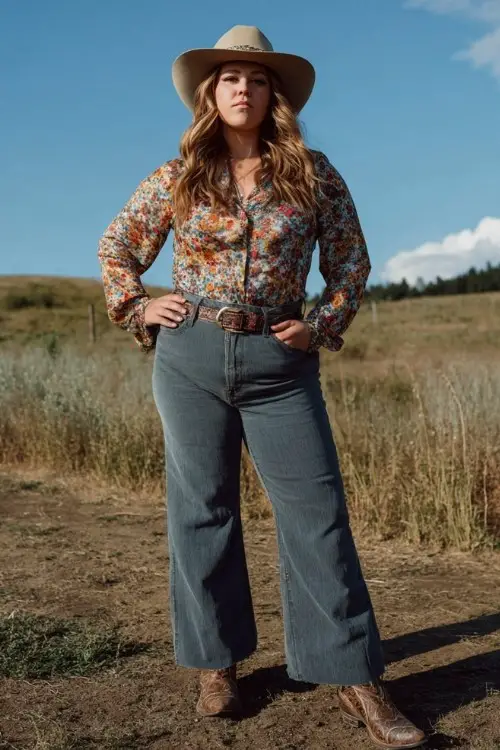 A plus-size woman wears dark flare jeans over pointed-toe tall cowboy boots, styled with a tucked-in floral blouse and wide-brim hat