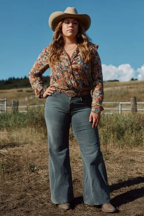 A plus-size woman wears dark flare jeans over pointed-toe tall cowboy boots, styled with a tucked-in floral blouse and wide-brim hat