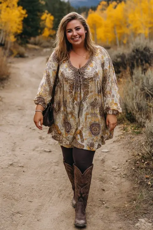 A plus-size woman wears dark leggings with tall brown cowboy boots and a flowy tunic blouse