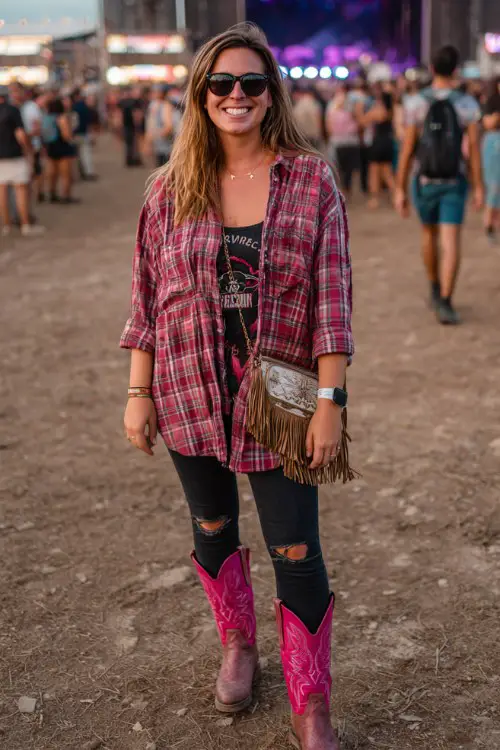 A plus-size woman wears hot pink cowboy boots with black skinny jeans, a bold concert tee and oversized plaid shirt worn open
