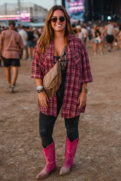 A plus-size woman wears hot pink cowboy boots with black skinny jeans, a bold concert tee and oversized plaid shirt worn open