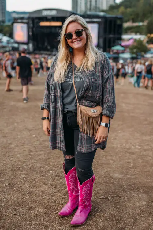 A plus-size woman wears hot pink cowboy boots with black skinny jeans, a bold concert tee and oversized plaid shirt worn open