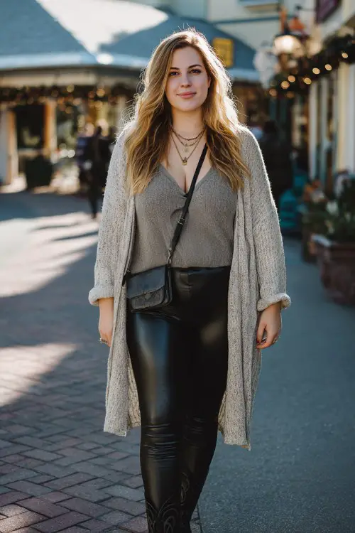 A plus-size woman wears matte faux leather leggings paired with black cowboy boots, a longline cardigan, and a crossbody bag
