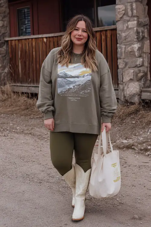 A plus-size woman wears olive leggings with an oversized graphic sweatshirt and cream cowboy boots