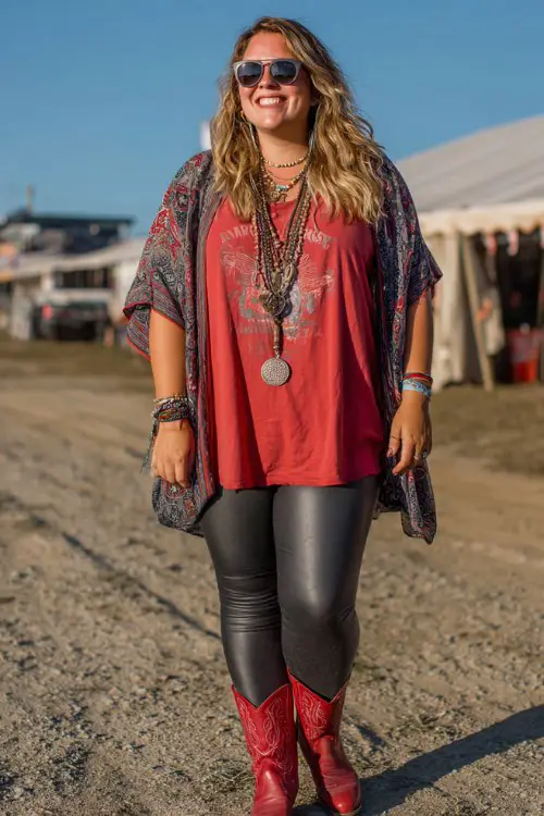 A plus-size woman wears red cowboy boots with faux-leather leggings, a relaxed concert tee and kimono, finished with layered necklaces and sunglasses