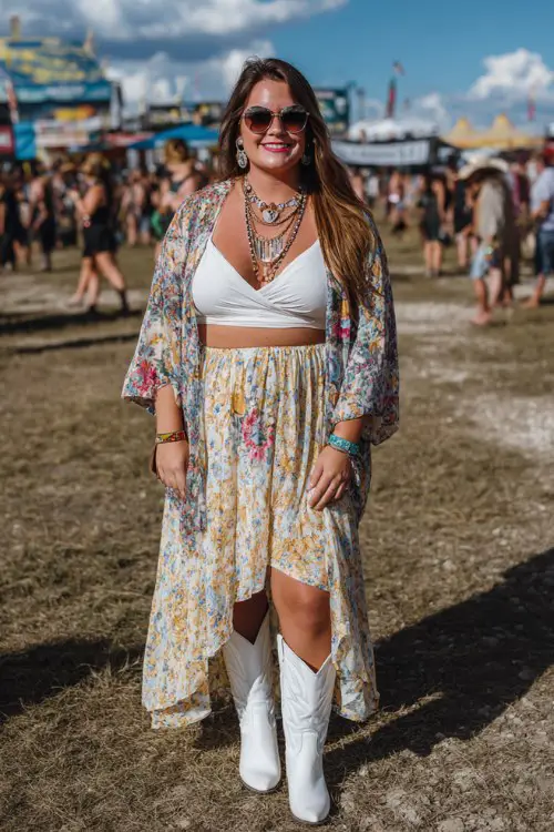 A plus-size woman wears white cowgirl boots with a flowy wrap skirt and fitted crop top, layered with a lightweight kimono, finished with layered necklaces and sunglasses