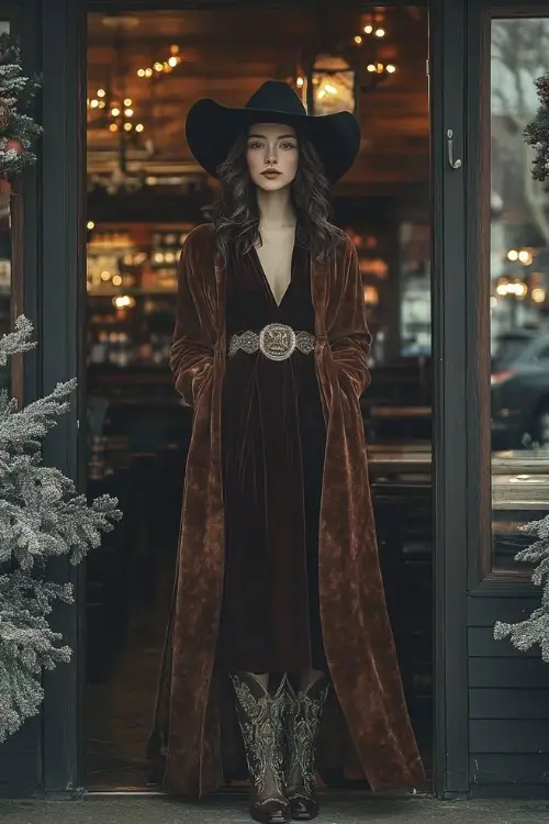 A romantic winter outfit with a velvet wrap dress, embroidered cowboy boots, and a faux fur stole