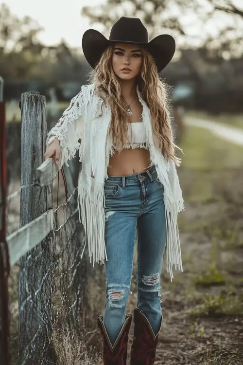 A rugged yet chic rodeo outfit with red cowboy boots, distressed boyfriend jeans, a cropped white fringe jacket, and a black cowboy hat