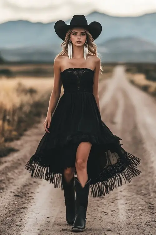 A stylish Coachella attendee in a black bohemian-inspired maxi dress, knee-high black cowgirl boots, and fringe earring