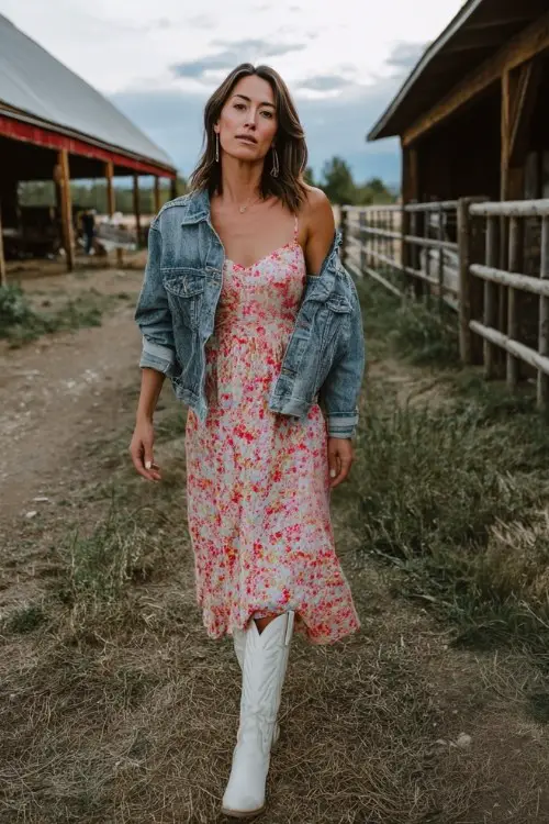 A woman over 30 wears a floral chiffon maxi dress, paired with tall white cowboy boots and a denim jacket draped over her shoulders