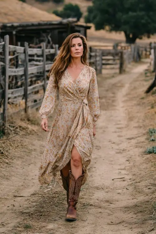 A woman over 30 wears a flowy floral wrap dress with brown tall cowboy boots