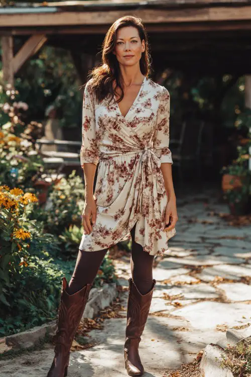 A woman over 30 wears a lightweight floral wrap dress layered over dark leggings with classic leather cowboy boots