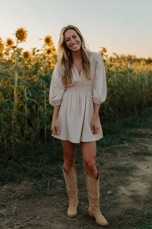 A woman over 30 wears a soft pastel dress with tan tall cowboy boots
