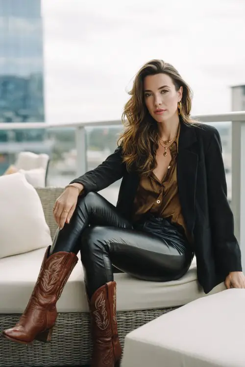 A woman over 30 wears black faux leather leggings with classic brown cowboy boots, a structured blazer, and silk blouse
