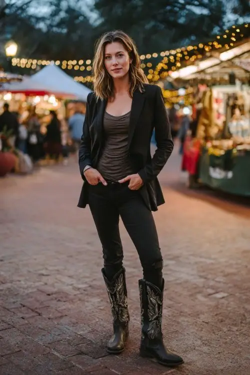 A woman over 30 wears black leggings with tall embroidered cowboy boots, a fitted blazer, and a silk top