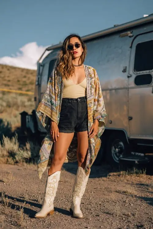 A woman over 30 wears black tailored shorts with cream tall cowboy boots and a flowy printed kimono