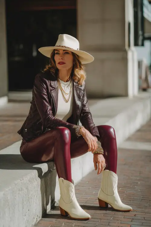 A woman over 30 wears burgundy leggings with cream cowboy boots, a structured leather jacket over a fitted knit top, layered bracelets and a classic fedora hat