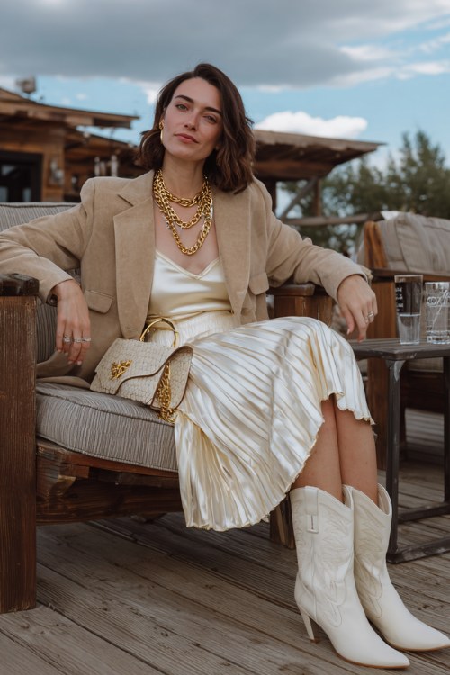 A woman over 30 wears cream cowgirl boots with a pleated satin midi skirt, silky camisole and tailored suede blazer