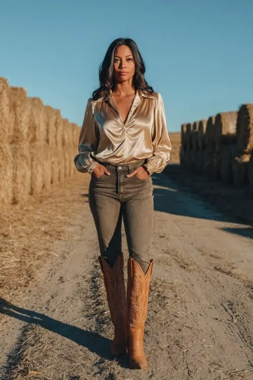 A woman over 30 wears high-waisted jeans with tall tan cowboy boots and a tucked-in satin blouse