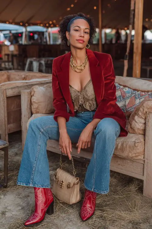 A woman over 30 wears red cowboy boots with flared blue jeans, a silky camisole and tailored suede blazer, accessorized with layered gold chains and a structured handbag
