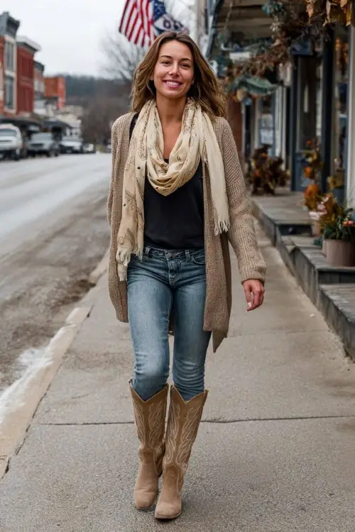 A woman over 30 wears slim-fit jeans with tan tall cowboy boots, layered with a cozy cardigan and silk scarf