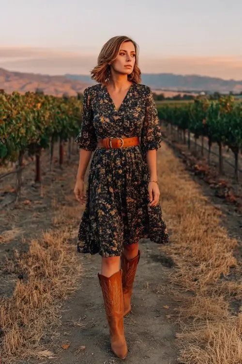 A woman over 40 wears a dark floral midi dress with sheer sleeves, paired with tall tan cowboy boots and a leather belt
