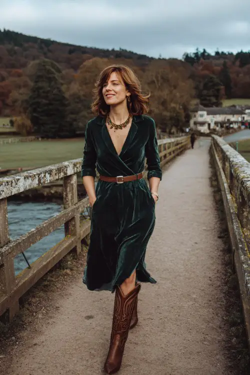 A woman over 40 wears a forest-green velvet midi dress with a belted waist, paired with tall brown cowboy boots and a statement necklace