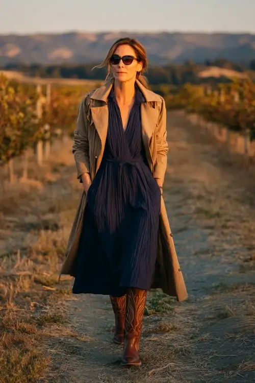 A woman over 40 wears a navy long-sleeve pleated midi dress, styled with tall brown cowboy boots and a camel coat