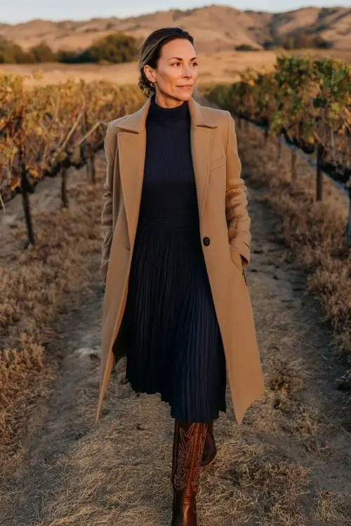 A woman over 40 wears a navy long-sleeve pleated midi dress, styled with tall brown cowboy boots and a camel coat