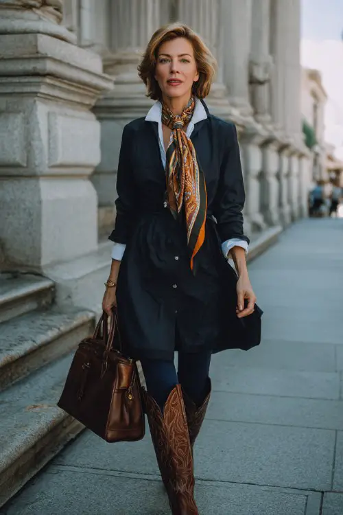 A woman over 40 wears a structured shirt dress layered over navy leggings with polished brown cowboy boots, styled with a tailored blazer, silk scarf