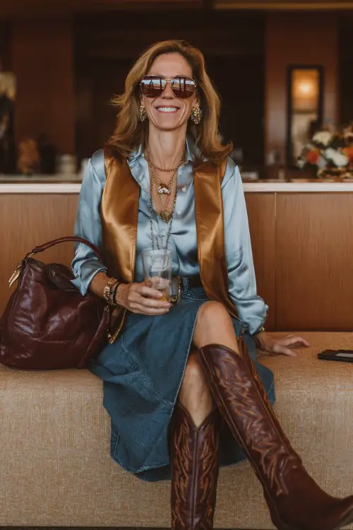A woman over 40 wears polished brown cowgirl boots with a denim midi skirt, satin blouse and long statement vest, styled with elegant jewelry and leather handbag