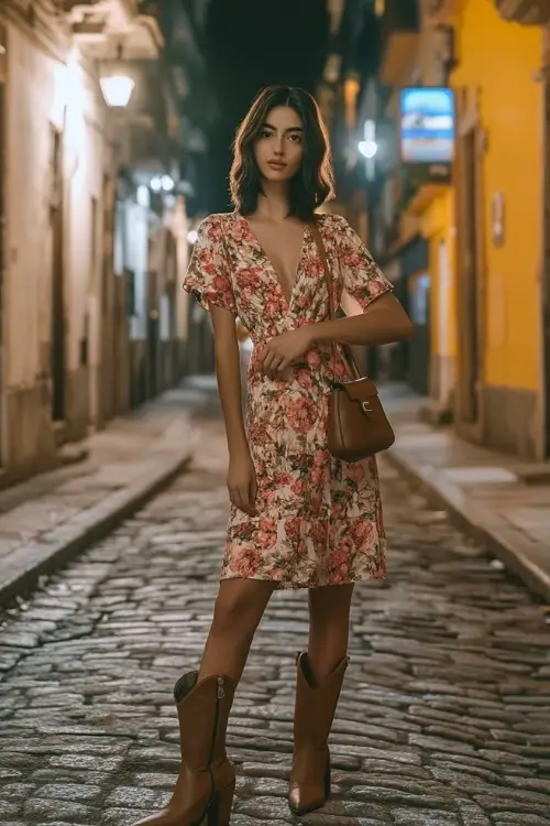 A woman wearing a chic floral midi dress paired with tan cowboy boots, accessorized with a leather crossbody bag