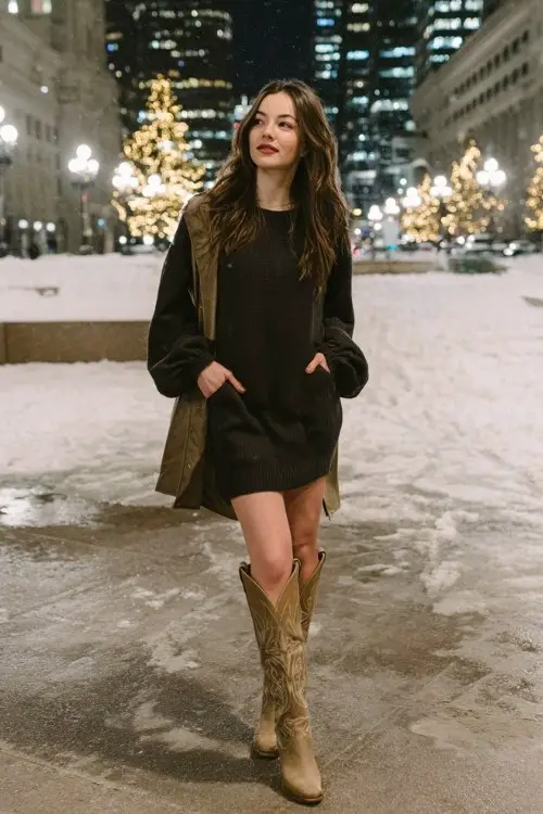 A woman wears a black sweater dress with balloon sleeves, paired with tall embroidered cowboy boots and a leather trench coat