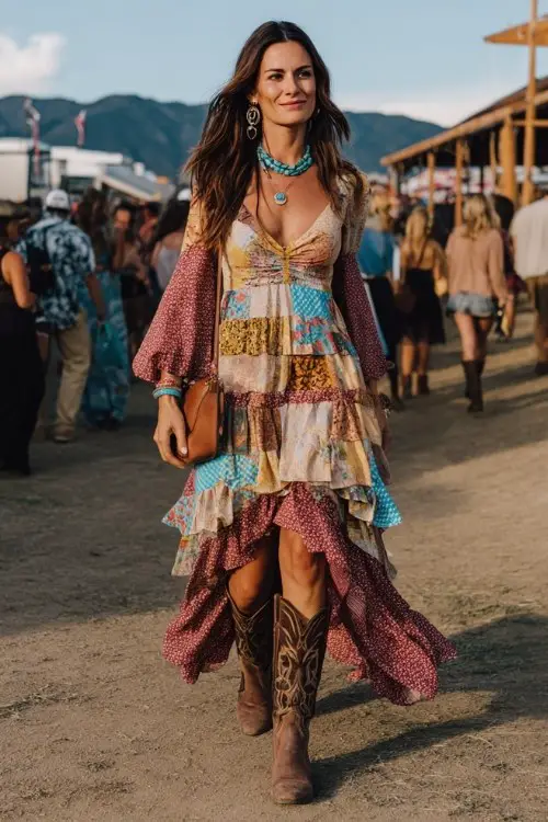 A woman wears a boho patchwork maxi dress with ruffled tiers, paired with tall distressed cowboy boots and turquoise jewelry