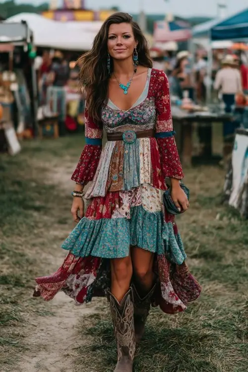 A woman wears a boho patchwork maxi dress with ruffled tiers, paired with tall distressed cowboy boots and turquoise jewelry